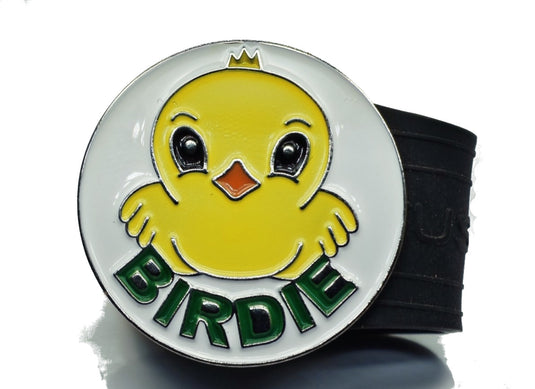 Birdie ball marker features a yellow chick over the green letters that say