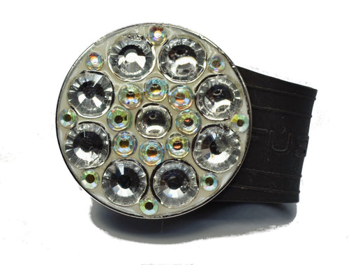 Ball marker of clear rhinestones. The ball marker measures 20 mm in diameter and can be used to decorate the InfusenClip. This makes bug repellent more customizable.