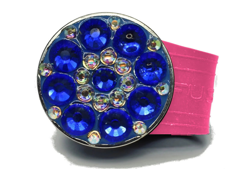 Load image into Gallery viewer, Blue Sapphire Rhinestones golf ball marker on a Pink InfusenClip™
