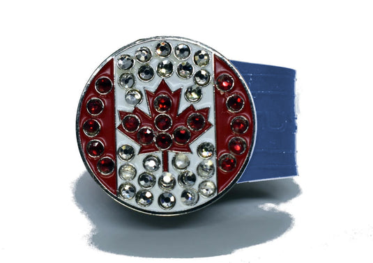 Rhinestone Canadian Flag golf ball marker on a Blue InfusenClip™