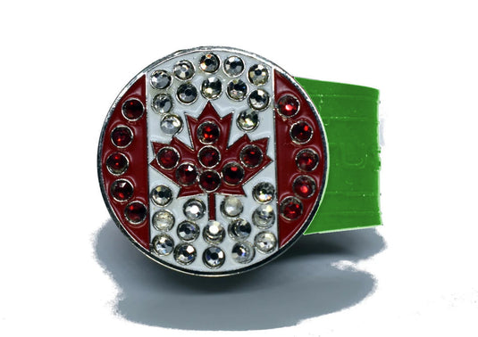 Rhinestone Canadian Flag golf ball marker on a Green InfusenClip™