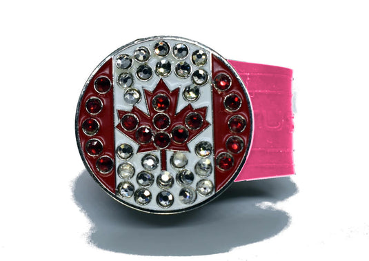 Rhinestone Canadian Flag golf ball marker on a Pink InfusenClip™