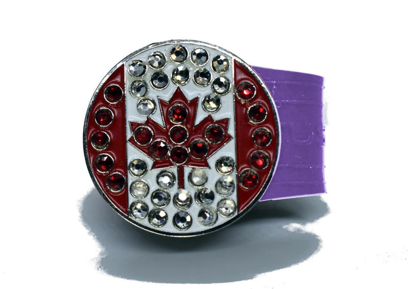 Load image into Gallery viewer, Rhinestone Canadian Flag golf ball marker on a Purple InfusenClip™
