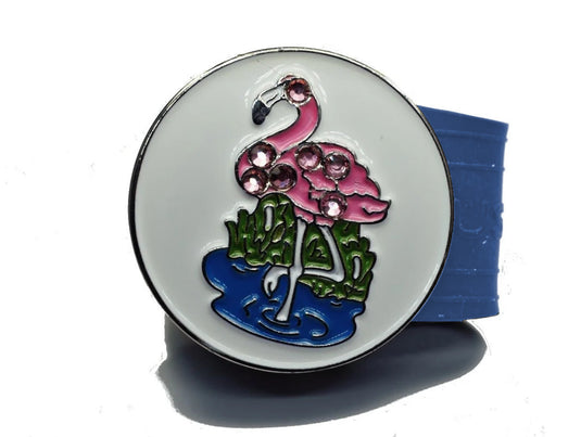 Flamingo golf ball marker on a Blue InfusenClip™