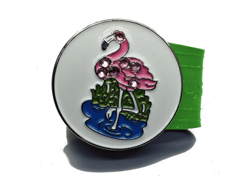 Load image into Gallery viewer, Flamingo golf ball marker on a Green InfusenClip™
