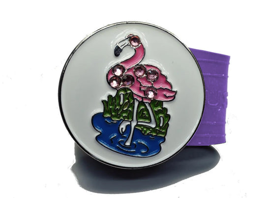 Flamingo golf ball marker on a Purple InfusenClip™