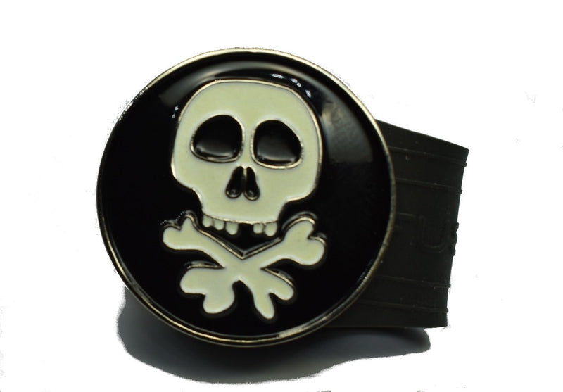 Load image into Gallery viewer, Glow in the dark Skull and Cross Bones golf ball marker on a Black InfusenClip™

