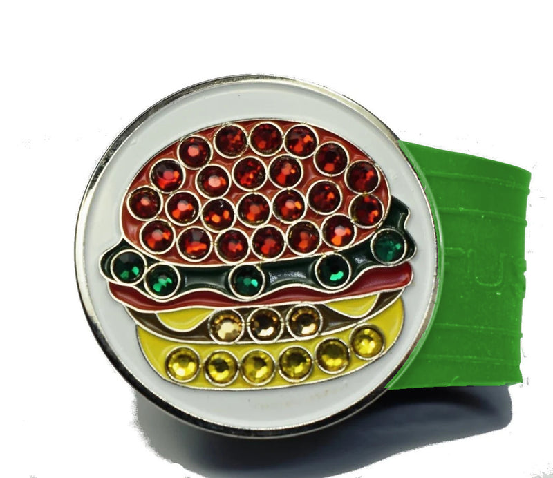 Load image into Gallery viewer, Hamburger golf ball marker on a Green InfusenClip™
