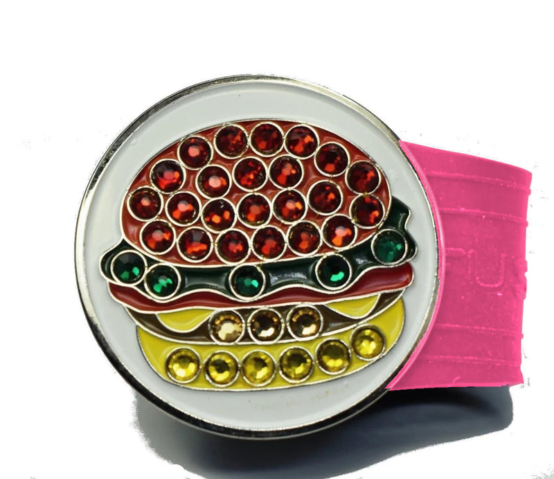 Load image into Gallery viewer, Hamburger golf ball marker on a Pink InfusenClip™
