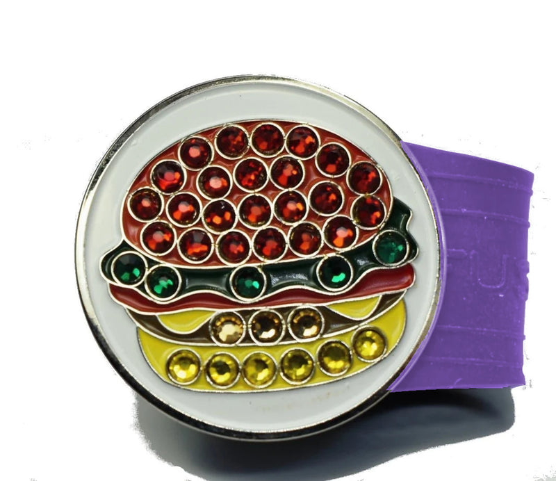 Load image into Gallery viewer, Hamburger golf ball marker on a Purple InfusenClip™
