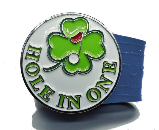 Hole In One Clover golf ball marker on a Blue InfusenClip™