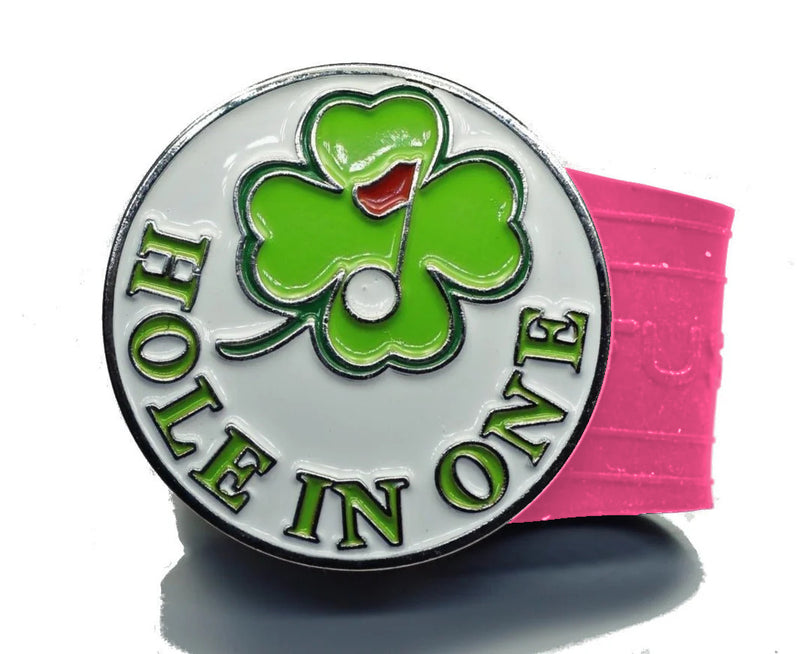 Load image into Gallery viewer, Hole In One Clover golf ball marker on a Pink InfusenClip™
