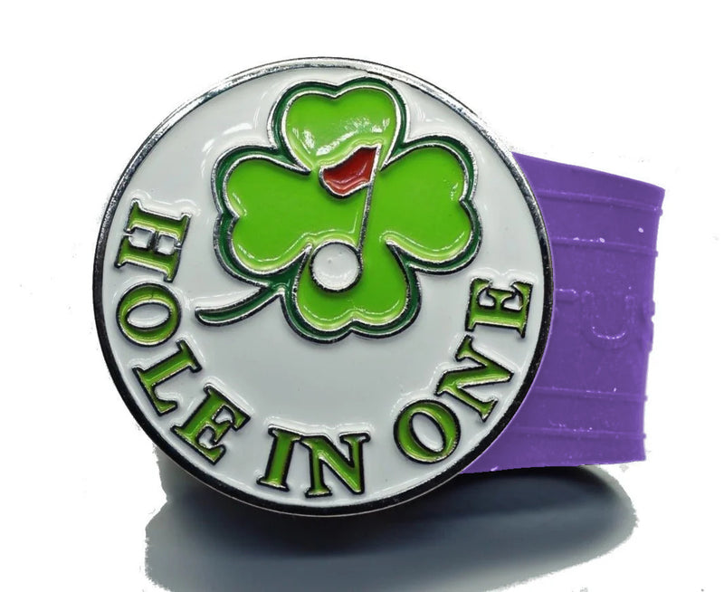 Load image into Gallery viewer, Hole In One Clover golf ball marker on a Purple InfusenClip™
