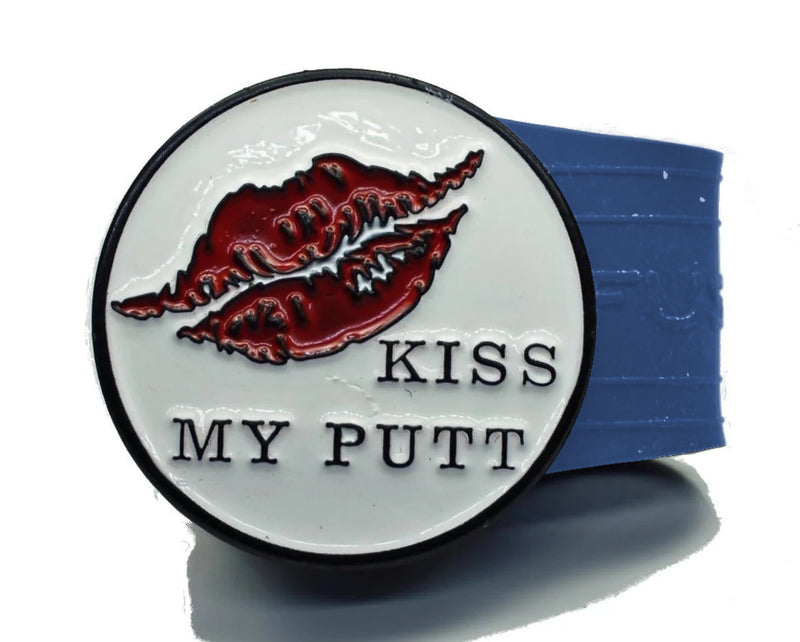 Load image into Gallery viewer, Kiss My Putt golf ball marker on a Blue InfusenClip™
