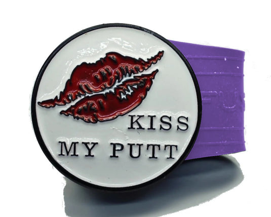 Kiss My Putt golf ball marker on a Purple InfusenClip™