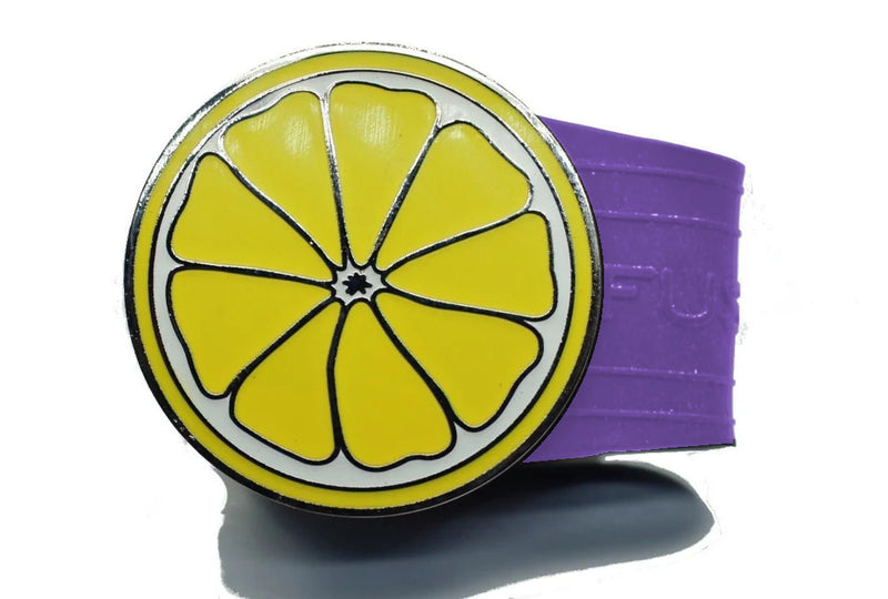 Load image into Gallery viewer, Lemon golf ball marker on a Purple InfusenClip™

