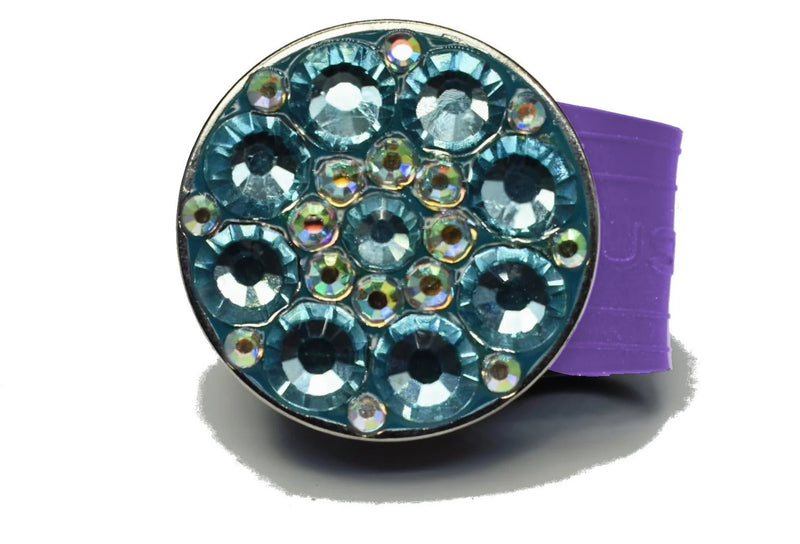 Load image into Gallery viewer, Light Blue Rhinestones golf ball marker on a Purple InfusenClip™
