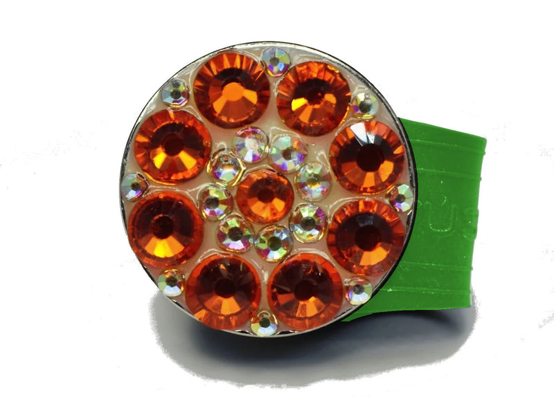 Load image into Gallery viewer, Orange Rhinestones golf ball marker on a Green InfusenClip™

