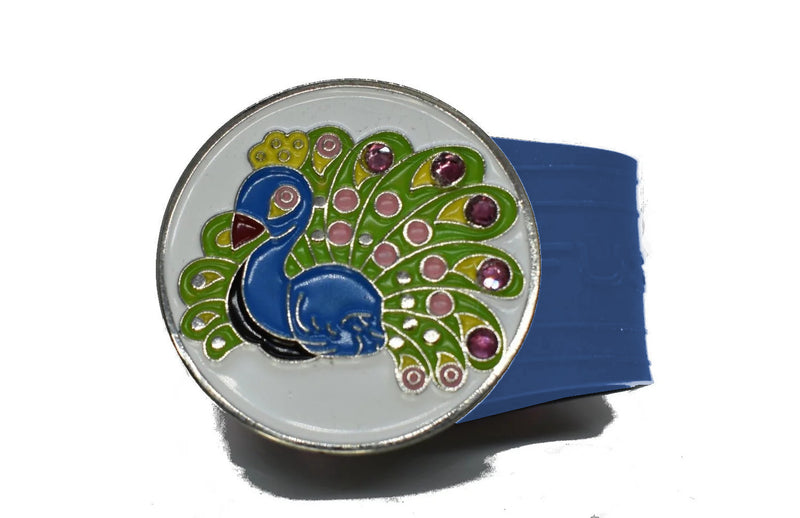 Load image into Gallery viewer, Peacock golf ball marker on a Blue InfusenClip™
