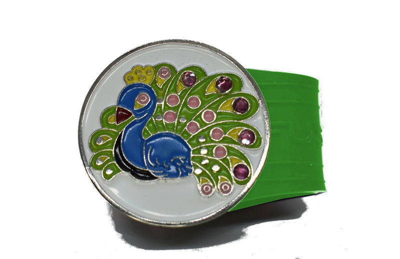 Load image into Gallery viewer, Peacock golf ball marker on a Green InfusenClip™

