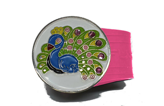 Peacock golf ball marker on a Pink InfusenClip™