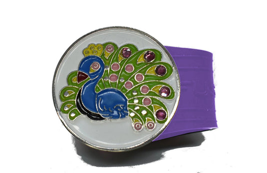Peacock golf ball marker on a Purple InfusenClip™