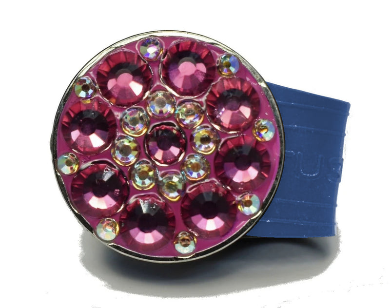 Load image into Gallery viewer, Pink Rhinestones golf ball marker on a Blue InfusenClip™

