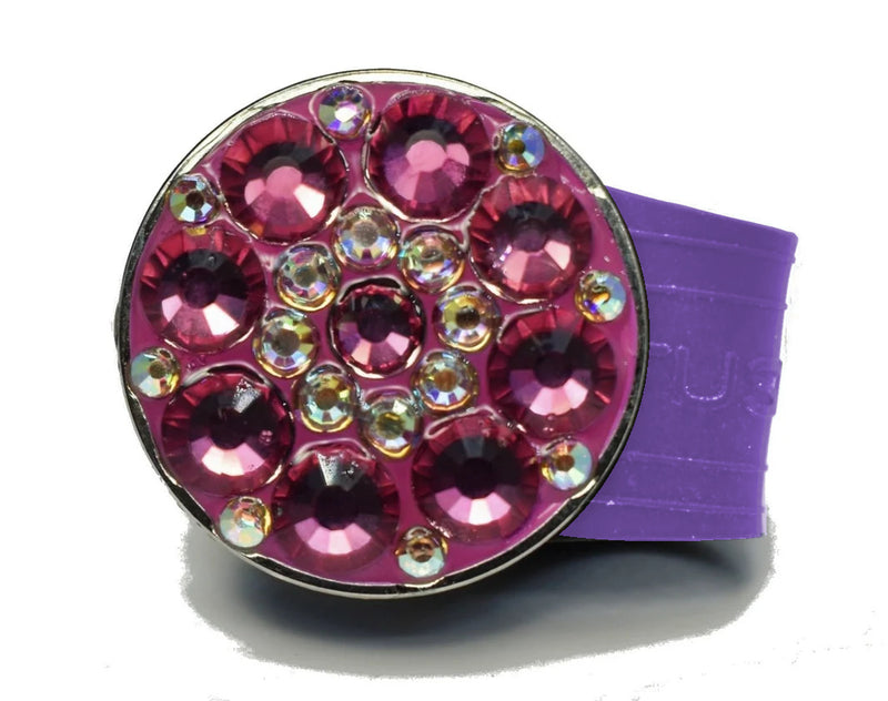 Load image into Gallery viewer, Pink Rhinestones golf ball marker on a Purple InfusenClip™
