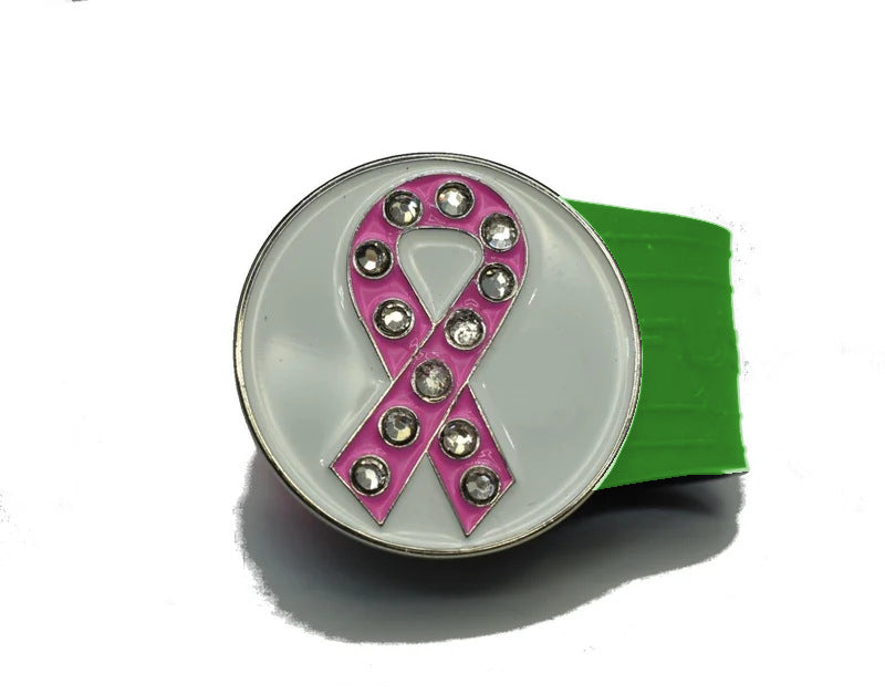 Load image into Gallery viewer, Pink Ribbon golf ball marker on a Green InfusenClip™
