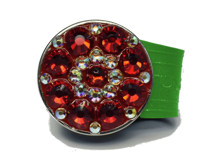 Load image into Gallery viewer, Red Rhinestones golf ball marker on a Green InfusenClip™
