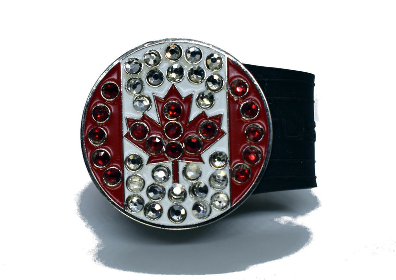 Load image into Gallery viewer, Rhinestone Canadian Flag golf ball marker on a Black InfusenClip™
