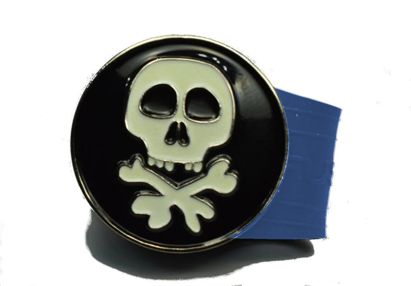 Load image into Gallery viewer, Glow in the dark Skull and Cross Bones golf ball marker on a Blue InfusenClip™
