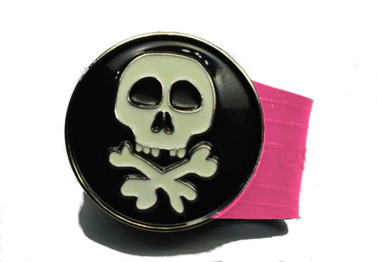 Glow in the dark Skull and Cross Bones golf ball marker on a Pink InfusenClip™