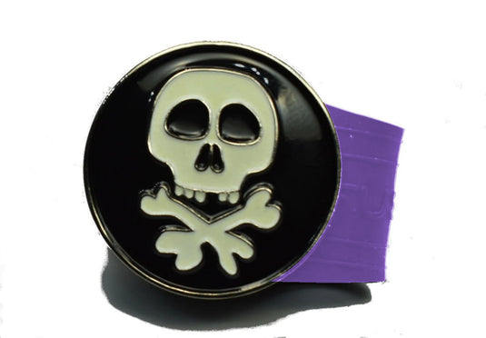 Glow in the dark Skull and Cross Bones golf ball marker on a Purple InfusenClip™
