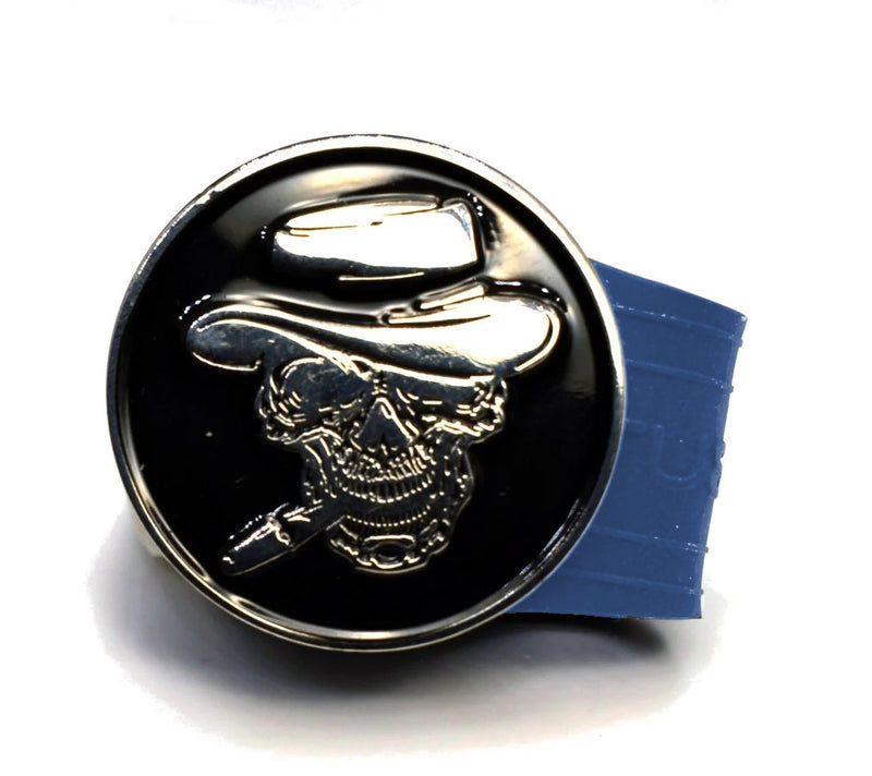 Load image into Gallery viewer, Smoking Skull golf ball marker on a Blue InfusenClip™
