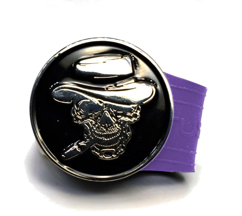 Load image into Gallery viewer, Smoking Skull golf ball marker on a Purple InfusenClip™
