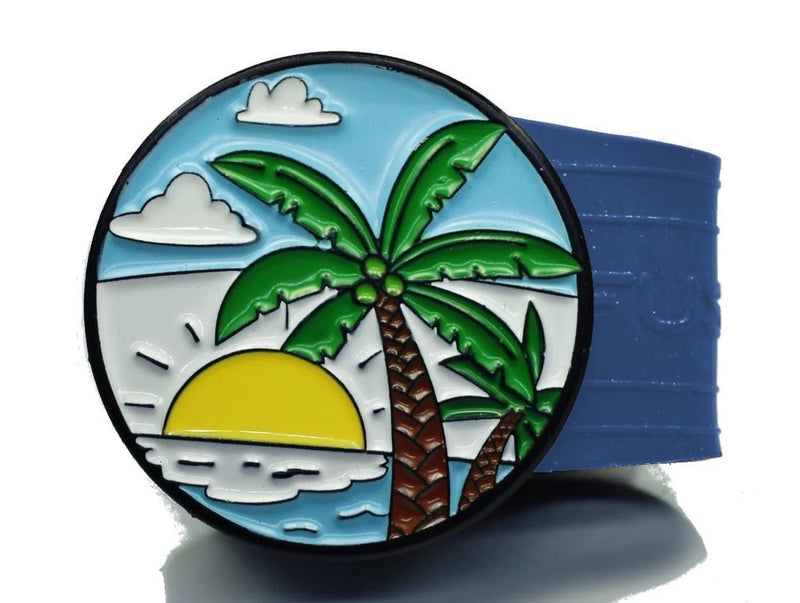 Load image into Gallery viewer, Sun and Sea beach golf ball marker on a Blue InfusenClip™
