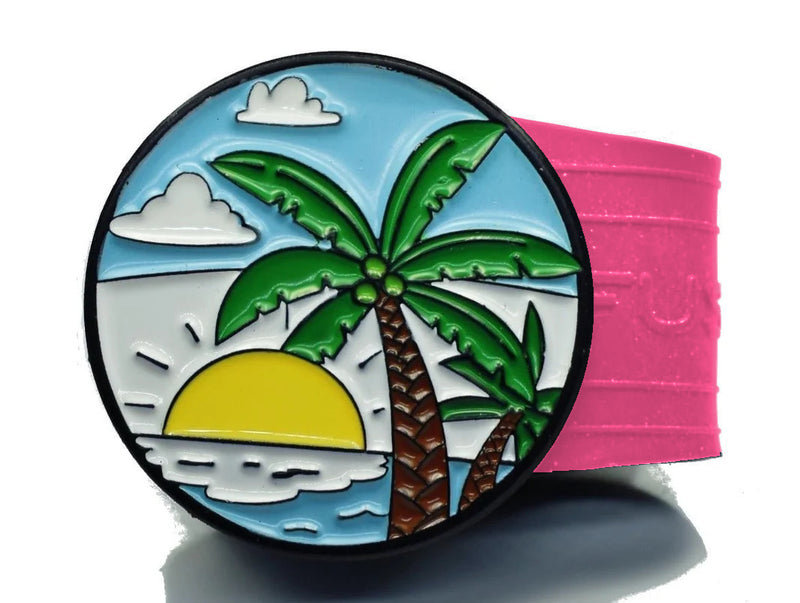 Load image into Gallery viewer, Sun and Sea beach golf ball marker on a Pink InfusenClip™
