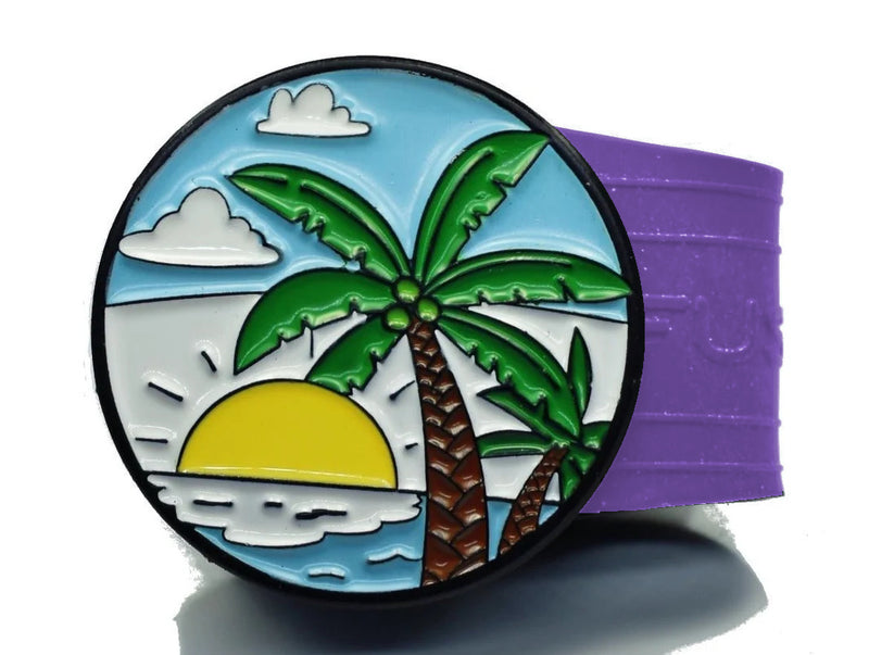 Load image into Gallery viewer, Sun and Sea beach golf ball marker on a Purple InfusenClip™
