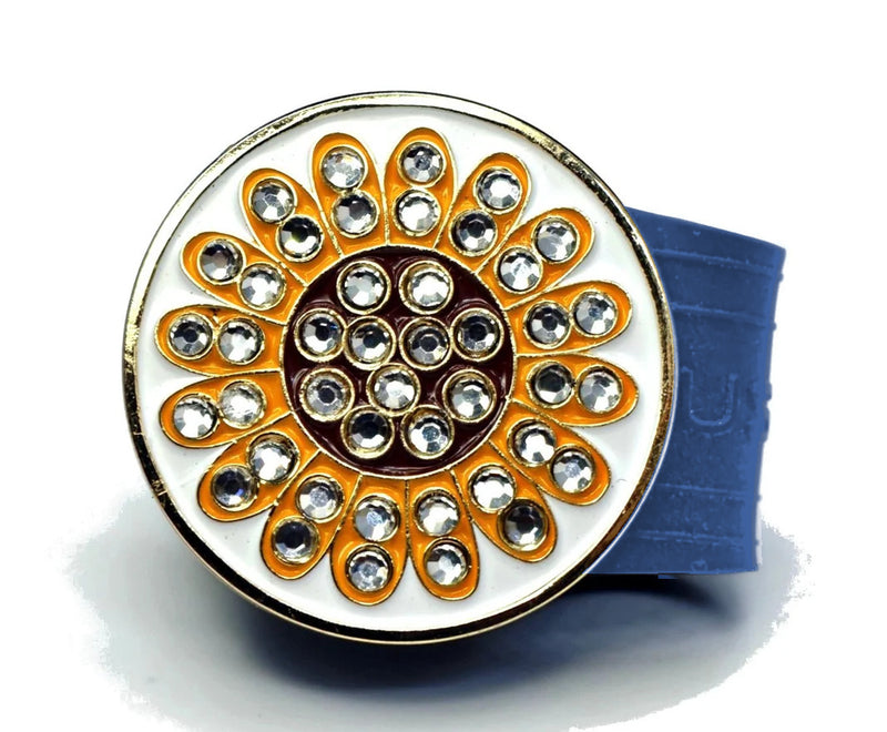 Load image into Gallery viewer, Sunflower golf ball marker on a Blue InfusenClip™
