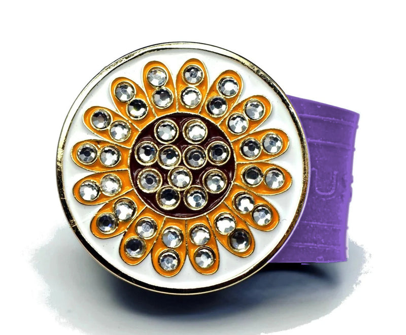 Load image into Gallery viewer, Sunflower golf ball marker on a Purple InfusenClip™

